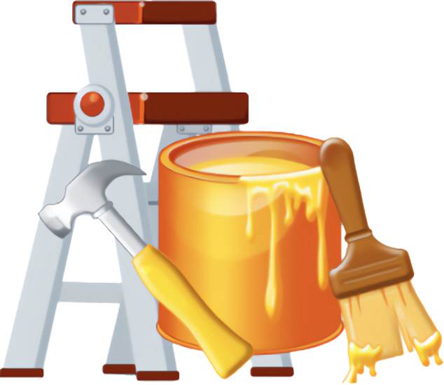Zion House Painting logo: Ladder with orange paint can, brush, and hammer